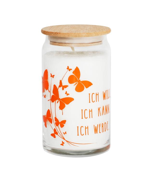 Motivkerze mit holzdeckel, Ich - will, kann, werde