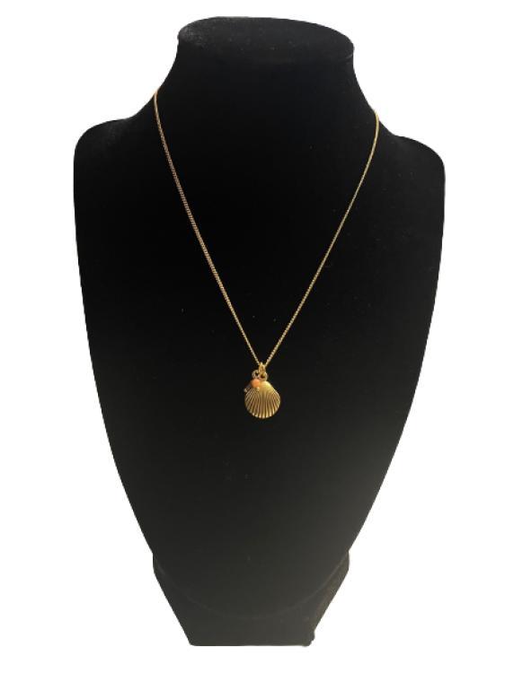 Halskette 1196 G, vergoldete Kette mit einem Muschelanhänger und braunen Kugeln