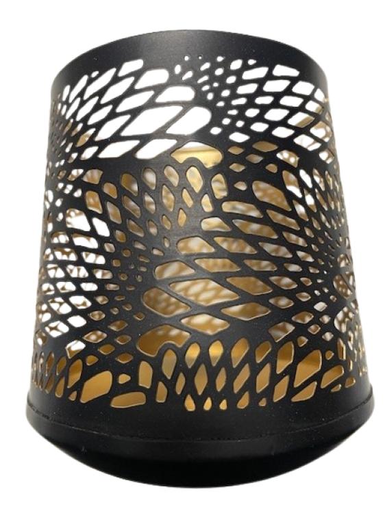 Johannes Lucht Windlicht, Metall, schwarz-gold, grafisches Muster, groß