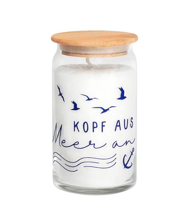 Motivkerze mit holzdeckel, Kopf aus - Meer an