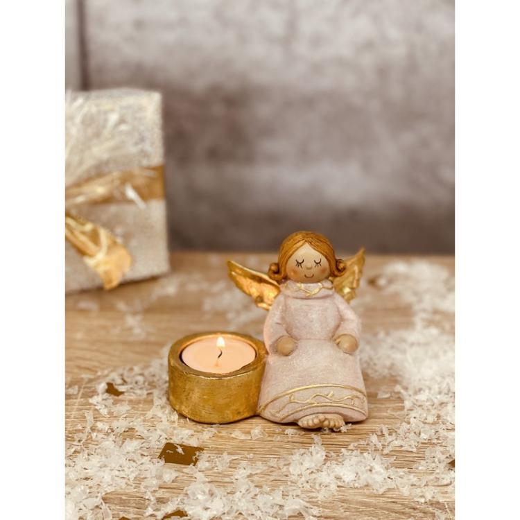 Engel Emilia mit Kerzenhalter sitzend rosa/gold 11cm x 8cm x 9cm WH-283