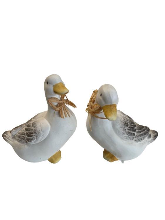 2er Set Enten 10 cm aus Keramik mit Bast-schleife