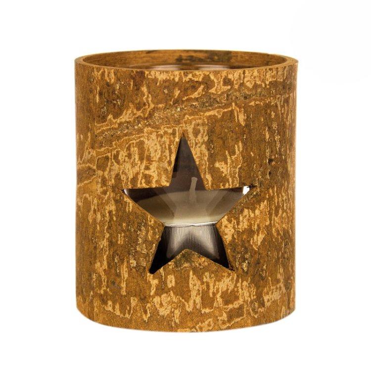 Teelichthalter aus Zimtrinde 'Stern', mit Glas 6x7cm 92102P