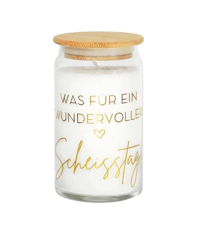Motivkerze mit holzdeckel, Scheisstag